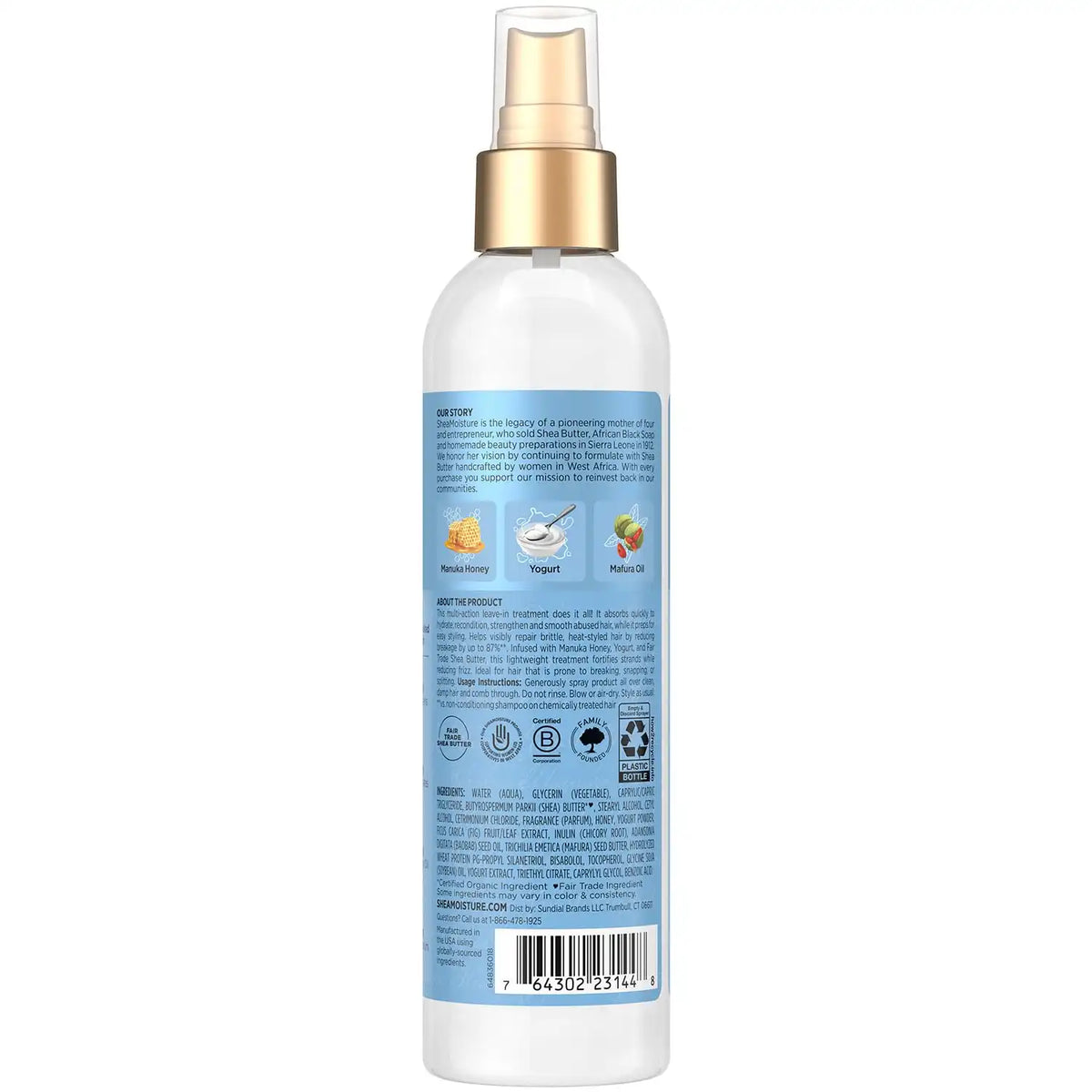 Shea Moisture Leave-In Conditioner, Multi-Action Spray 2-Pack, Manuka Honey & Yogurt Hydrate & Repair for Dry, Damaged Hair, 8 Oz Ea